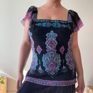 Y2K vintage 2000s paisley whimsgoth fairy boho micro mesh blouse | size m